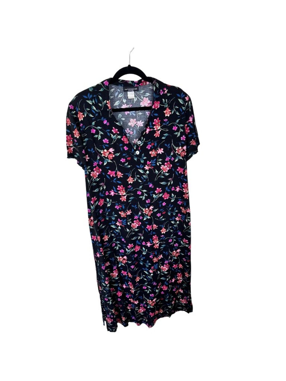 Vtg Womens Midi Dress Impressions Floral Shift Black Pink XL 1990s Rayon Navy